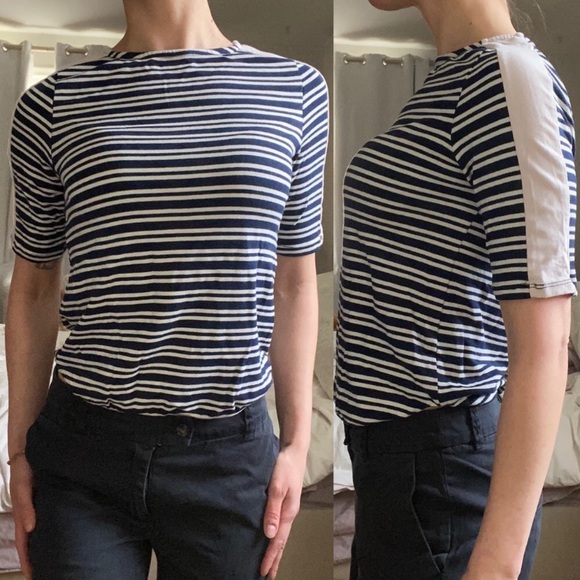 Monteau Striped 3/4 Sleeve Casual Top Navy with Pale Pink Ringer Piping at Hem - Picture 2 of 4